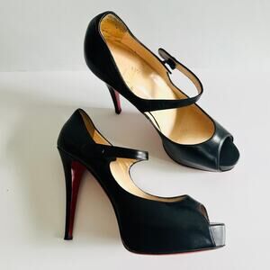 Christian Louboutin Zeppa Peep Toe Mary Jane Pumps Black Leather Size 40 5" Heel